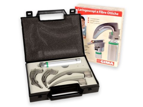 GIMA Green laryngoskop zestaw 4 łyżek McIntosh w rozmiarach 1, 2, 3, 4, halogen 2,5 V, rękojeść akumul, baterie Laryngoskop set 