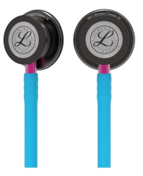 Stetoskop Littmann Classic III 5872 Stetoskop internistyczny Smoke, przewód turkusowy, lira - smoke, trzonek różowy
