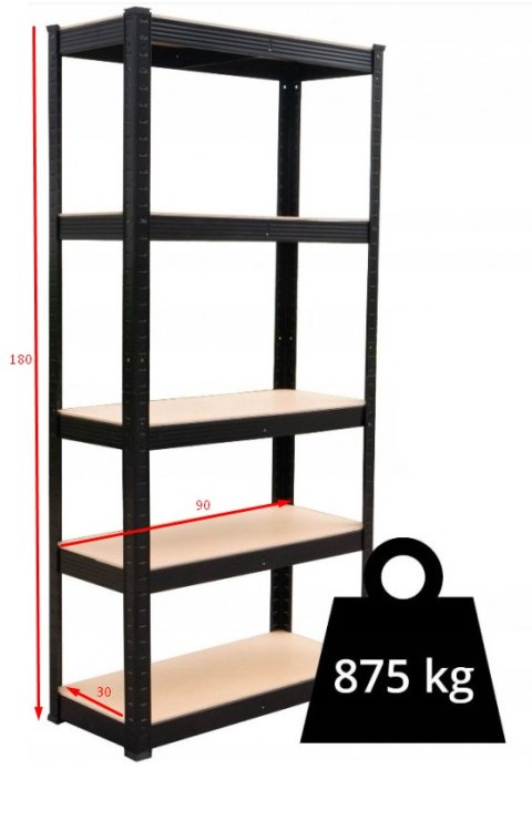 Regał Magazynowy Metalowy Do Piwnicy Garażu 5 Półek 875 kg 90x30x180 Czarny
