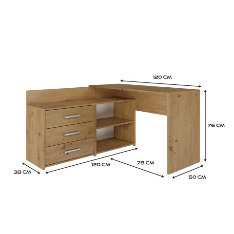 Biurko Narożne Komputerowe 120 cm 3 Szuflady Szkolne Solidne Daniel Artisan