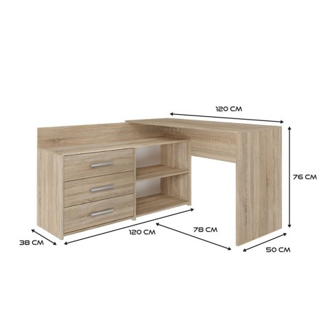 Biurko Narożne Komputerowe 120 cm 3 Szuflady Szkolne Solidne Daniel Sonoma