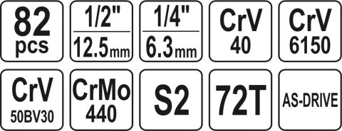 YATO YT-12691 ZESTAW NARZĘDZIOWY 1/2'' 82 CZĘŚCI L YATO