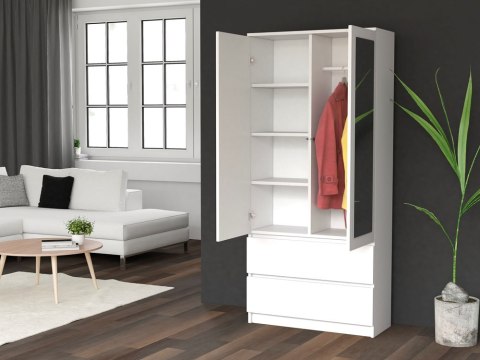 Szafa Biała Z Lustrem Garderoba 2D2S 90 cm 2 Szuflady 4 Półki Drążek Duża