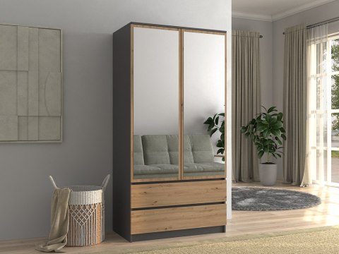 Szafa Z Lustrem Garderoba 2D2S 90 cm 2 Szuflady 4 Półki Antracyt Artisan