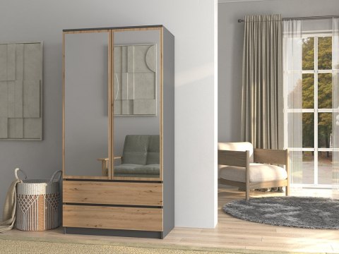 Szafa Z Lustrem Garderoba 2D2S 90 cm 2 Szuflady 4 Półki Antracyt Artisan