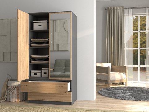 Szafa Z Lustrem Garderoba 2D2S 90 cm 2 Szuflady 4 Półki Antracyt Artisan