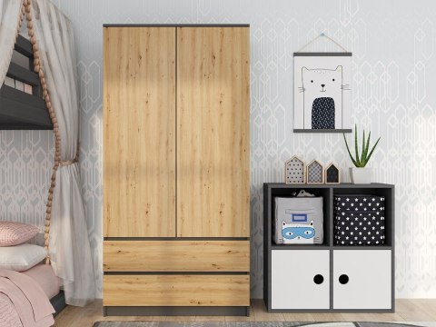 Szafa Garderoba 2D2S 90 cm 2 Szuflady 4 Półki Drążek Duża Antracyt Artisan
