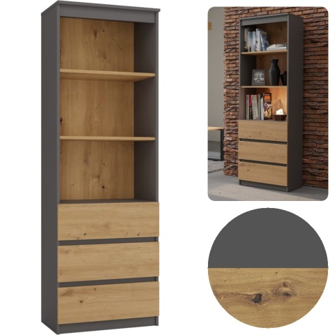 Regał Na Książki Segregatory Półka x3 Biurowy Do Salonu Roxi 60 cm Antracyt