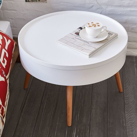 STOLIK KAWOWY OKRĄGŁY + SCHOWEK 60CM SOSNOWE NOGI