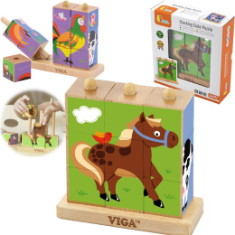 VIGA DREWNIANE KOSTKI LOGICZNE WSUWANE UKŁADANKA PUZZLE FARMA 4 ZWIERZĄTKA