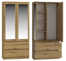 Szafa Z Lustrem Garderoba 2D2S 90 cm 2 Szuflady 4 Półki Drążek Duża Artisan