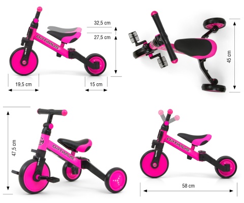 ROWEREK TRÓJKOŁOWY BIEGOWY Z PEDAŁAMI 3W1 OPTIMUS PINK PIANKOWE KOŁA 12m+