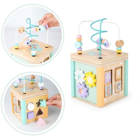 DREWNIANA KOSTKA EDUKACYJNA MANIPULACYJNA SORTER MULA KOŁA ZĘBATE ECOTOYS