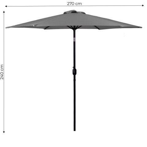 DUŻY PARASOL OGRODOWY SKOŚNY ŁAMANY Z KORBĄ 6 ŻEBER SZARY 270 CM