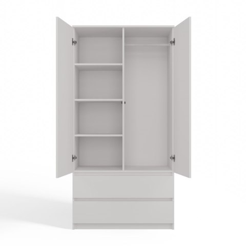 Szafa Biała Garderoba 2D2S 90 cm 2 Szuflady 4 Półki Drążek Duża Dwudrzwiowa