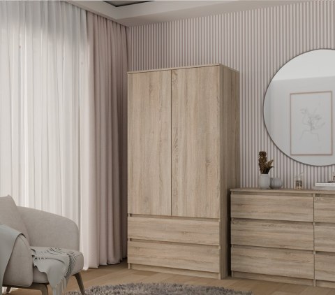 Szafa Garderoba 2D2S 90 cm 2 Szuflady 4 Półki Drążek Dwudrzwiowa Sonoma