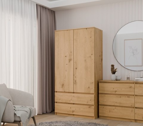 Szafa Garderoba 2D2S 90 cm 2 Szuflady 4 Półki Drążek Dwudrzwiowa Artisan