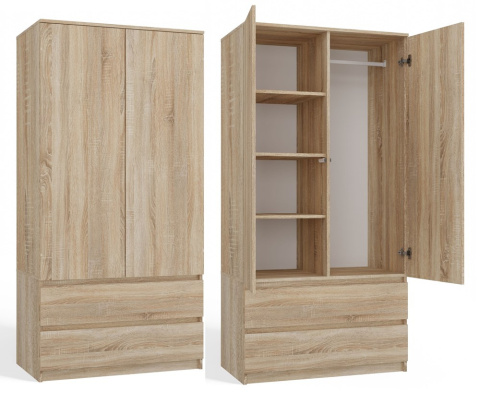 Szafa Garderoba 2D2S 90 cm 2 Szuflady 4 Półki Drążek Dwudrzwiowa Sonoma