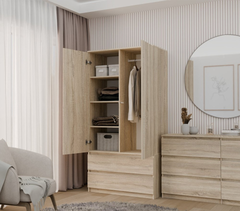 Szafa Garderoba 2D2S 90 cm 2 Szuflady 4 Półki Drążek Dwudrzwiowa Sonoma