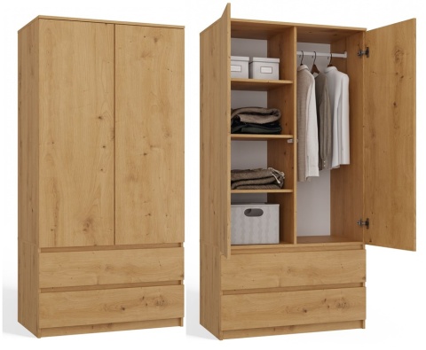 Szafa Garderoba 2D2S 90 cm 2 Szuflady 4 Półki Drążek Dwudrzwiowa Artisan