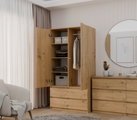 Szafa Garderoba 2D2S 90 cm 2 Szuflady 4 Półki Drążek Dwudrzwiowa Artisan