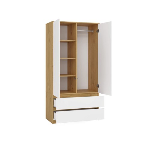 Szafa Garderoba 2D2S 90 cm 2 Szuflady 4 Półki Drążek Duża Artisan Biel