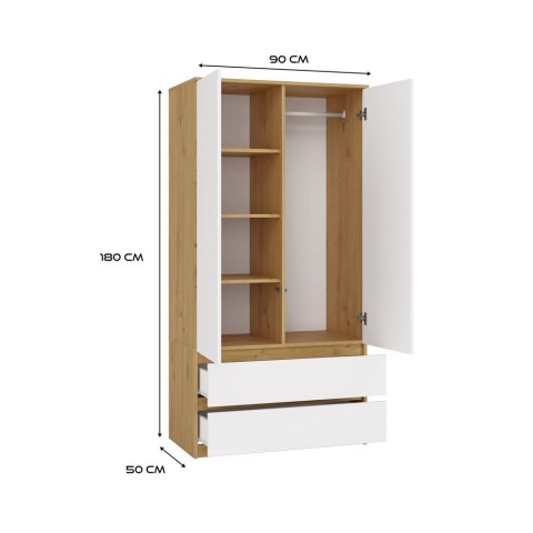 Szafa Garderoba 2D2S 90 cm 2 Szuflady 4 Półki Drążek Duża Artisan Biel