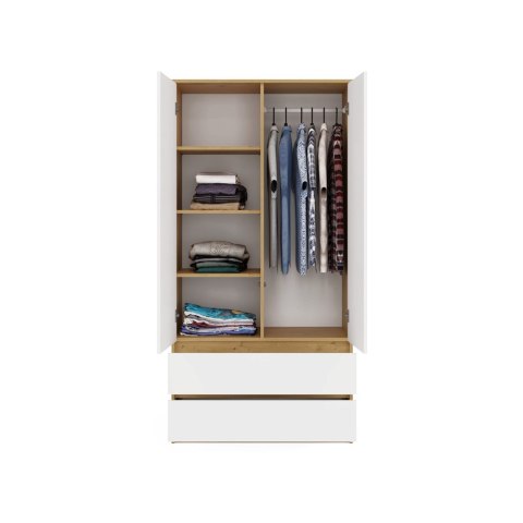 Szafa Garderoba 2D2S 90 cm 2 Szuflady 4 Półki Drążek Duża Artisan Biel