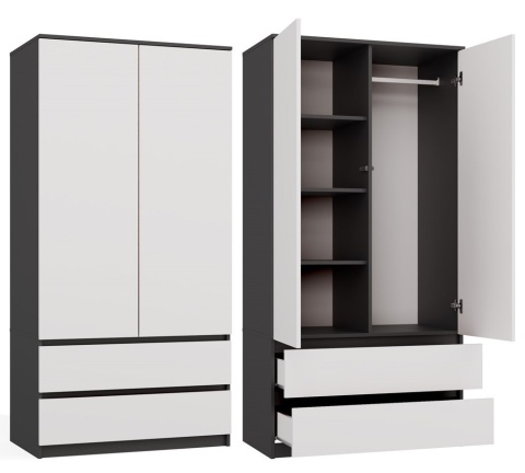 Szafa Garderoba 2D2S 90 cm 2 Szuflady 4 Półki Drążek Duża Antracyt Biel