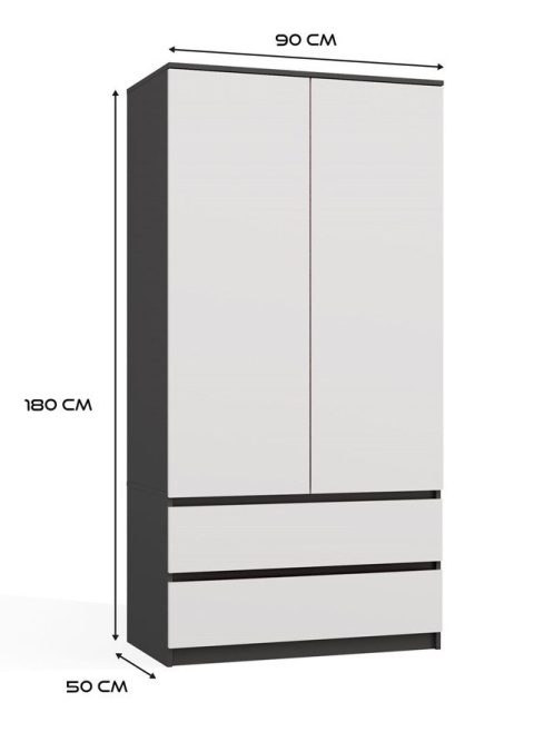 Szafa Garderoba 2D2S 90 cm 2 Szuflady 4 Półki Drążek Duża Antracyt Biel