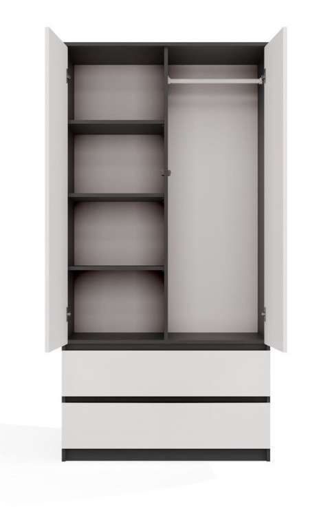 Szafa Garderoba 2D2S 90 cm 2 Szuflady 4 Półki Drążek Duża Antracyt Biel