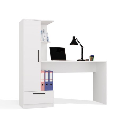 Biurko z Regałem Białe Nowoczesne 140 cm Szuflada Półki MULTI Biały Mat