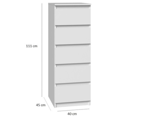 Komoda z 5 Szufladami Do Salonu 40x111x45 Wąska Biała Pojemna Lilia L5W