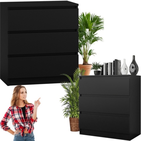 Komoda z 3 szufladami Lilia 70 cm Duża Do Salonu Pojemna Czarna Mat