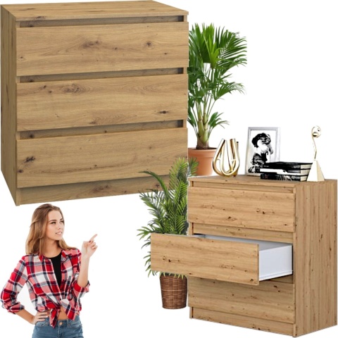 Komoda z 3 szufladami Lilia 70 cm Duża Do Salonu Pojemna Dąb Artisan