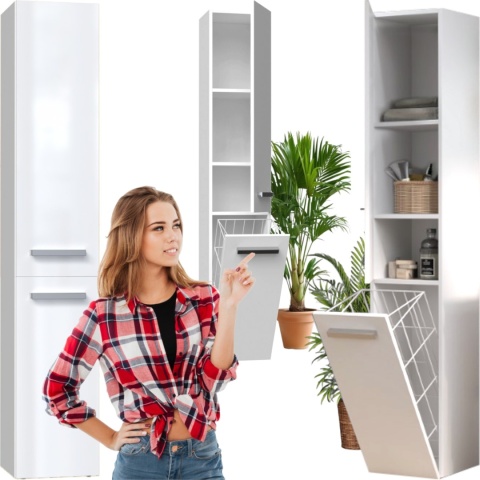 Szafka Łazienkowa Stojąca Słupek Biała Połysk z Koszem 31 cm Lena IV Regał