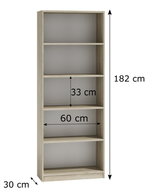 Regał Na Książki Segregatory Półka x5 Biurowy Do Salonu R60CM Dąb Sonoma