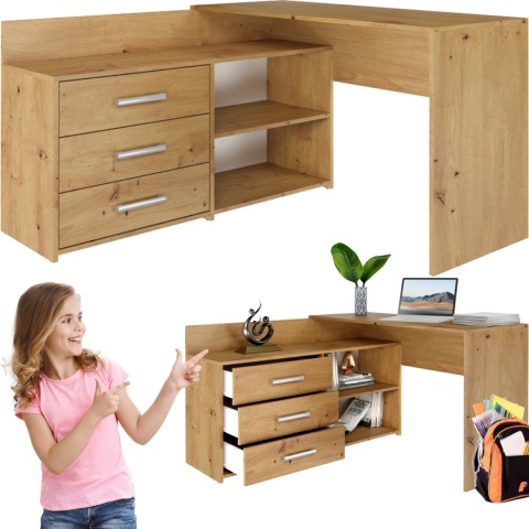 Biurko Narożne Komputerowe 120 cm 3 Szuflady Szkolne Solidne Daniel Artisan