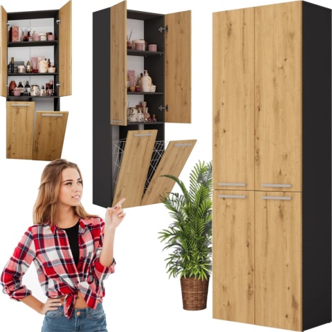 Szafka Łazienkowa Stojąca Słupek Antracyt Artisan z koszem 60 cm Lena 2KDD