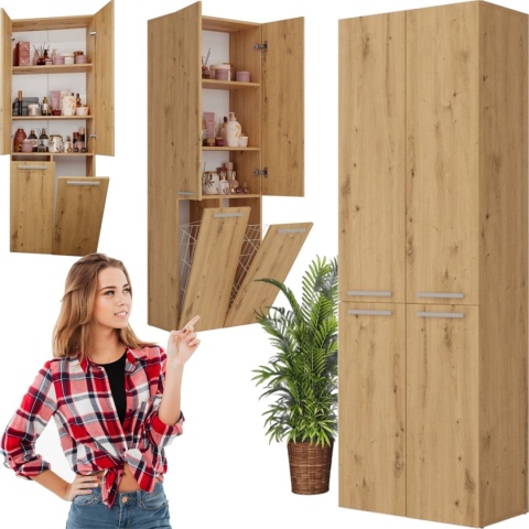 Szafka Łazienkowa Stojąca Słupek Dąb Artisan z koszem 60 cm Lena 2KDD