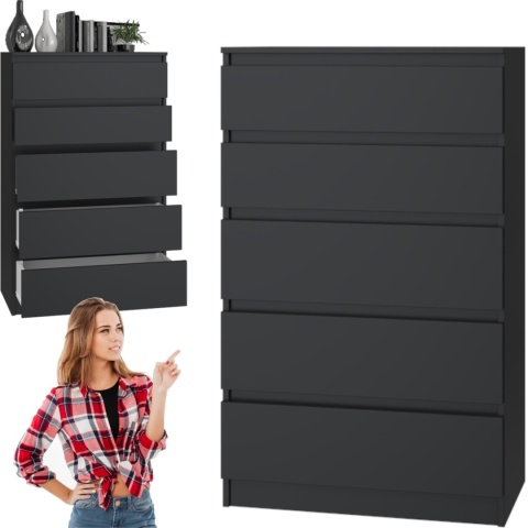Komoda z 5 Szufladami Duża Do Salonu 70x109x40 cm Czarna Lilia L5 Pojemna