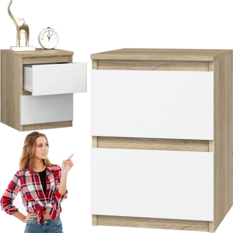 Szafka Nocna Stolik Nocny 2 Szuflady 30 cm Do Sypialni Sonoma Biel Lilia L2