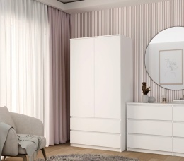 Szafa Biała Garderoba 2D2S 90 cm 2 Szuflady 4 Półki Drążek Duża Dwudrzwiowa