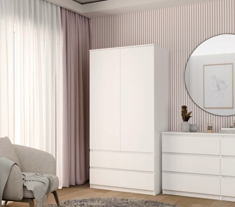 Szafa Biała Garderoba 2D2S 90 cm 2 Szuflady 4 Półki Drążek Duża Dwudrzwiowa