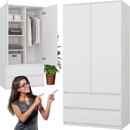 Szafa Biała Garderoba 2D2S 90 cm 2 Szuflady 4 Półki Drążek Duża Dwudrzwiowa