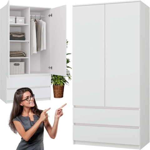 Szafa Biała Garderoba 2D2S 90 cm 2 Szuflady 4 Półki Drążek Duża Dwudrzwiowa