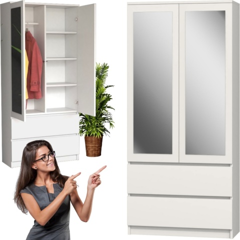 Szafa Biała Z Lustrem Garderoba 2D2S 90 cm 2 Szuflady 4 Półki Drążek Duża
