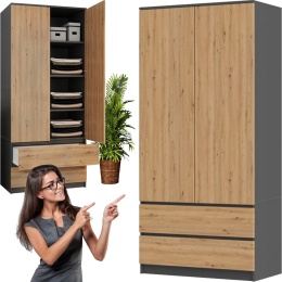 Szafa Garderoba 2D2S 90 cm 2 Szuflady 4 Półki Drążek Duża Antracyt Artisan