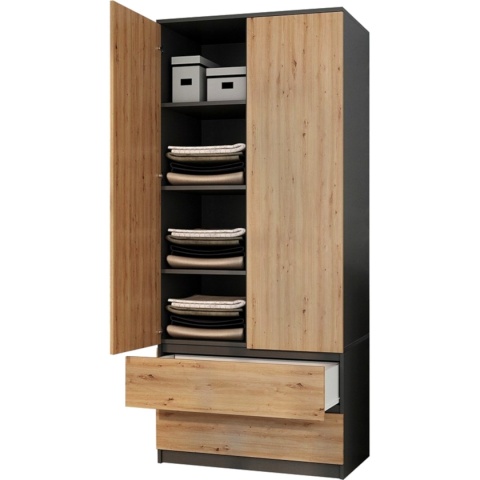Szafa Garderoba 2D2S 90 cm 2 Szuflady 4 Półki Drążek Duża Antracyt Artisan