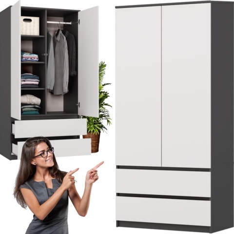 Szafa Garderoba 2D2S 90 cm 2 Szuflady 4 Półki Drążek Duża Antracyt Biel